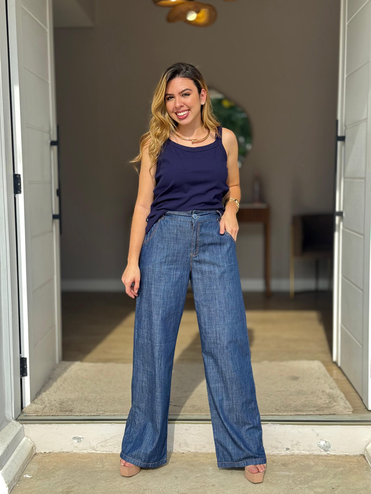 Calça Jeans Pantalona Sarjada
